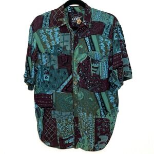 VTG Cafe Ricky Wolman Men Shirt L Blue Colorful Patchwork Tribal Ethnic Beachy